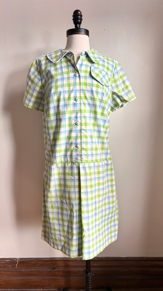 1960s blue + green gingham mini dress, sz. medium