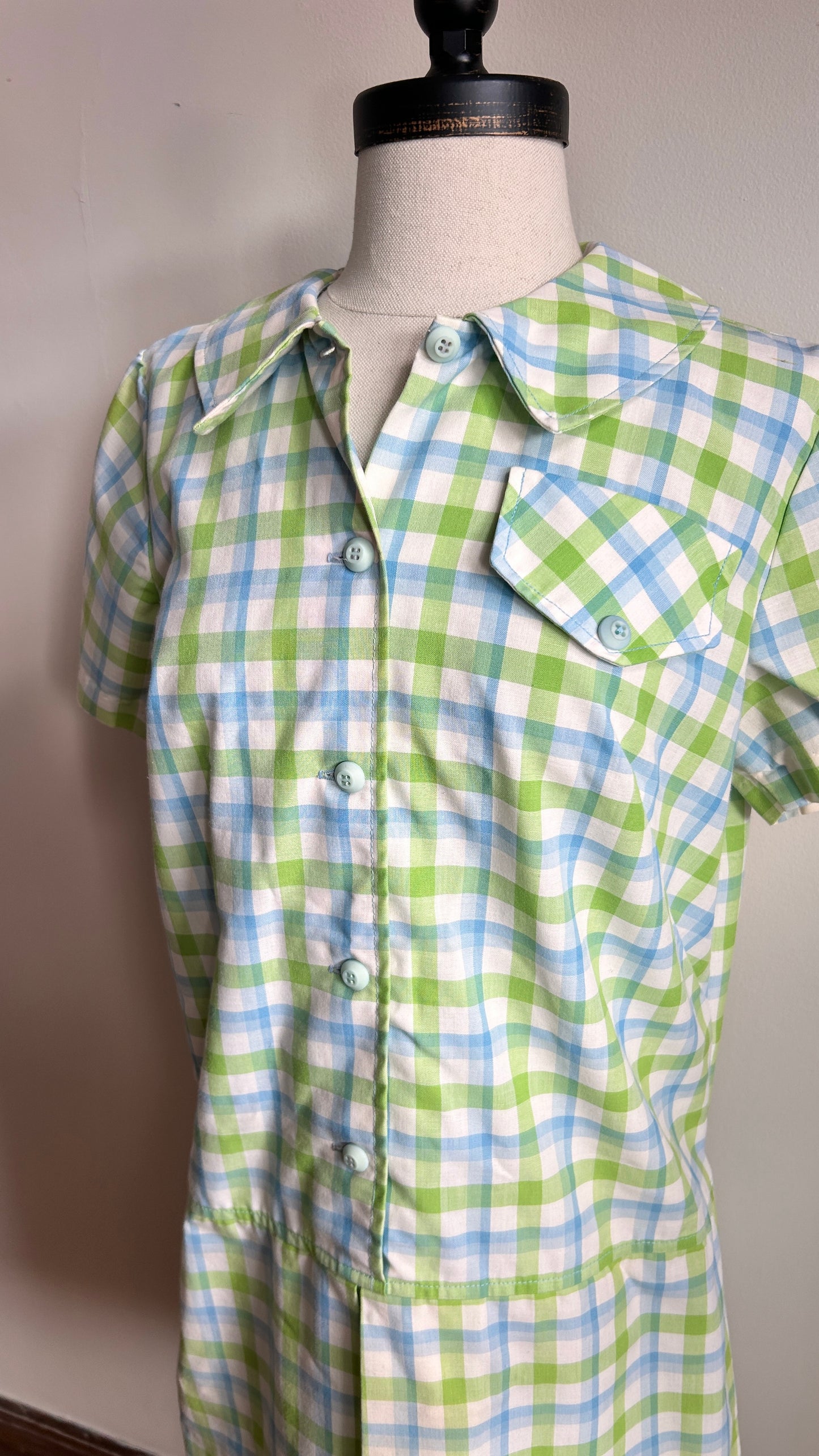 1960s blue + green gingham mini dress, sz. medium