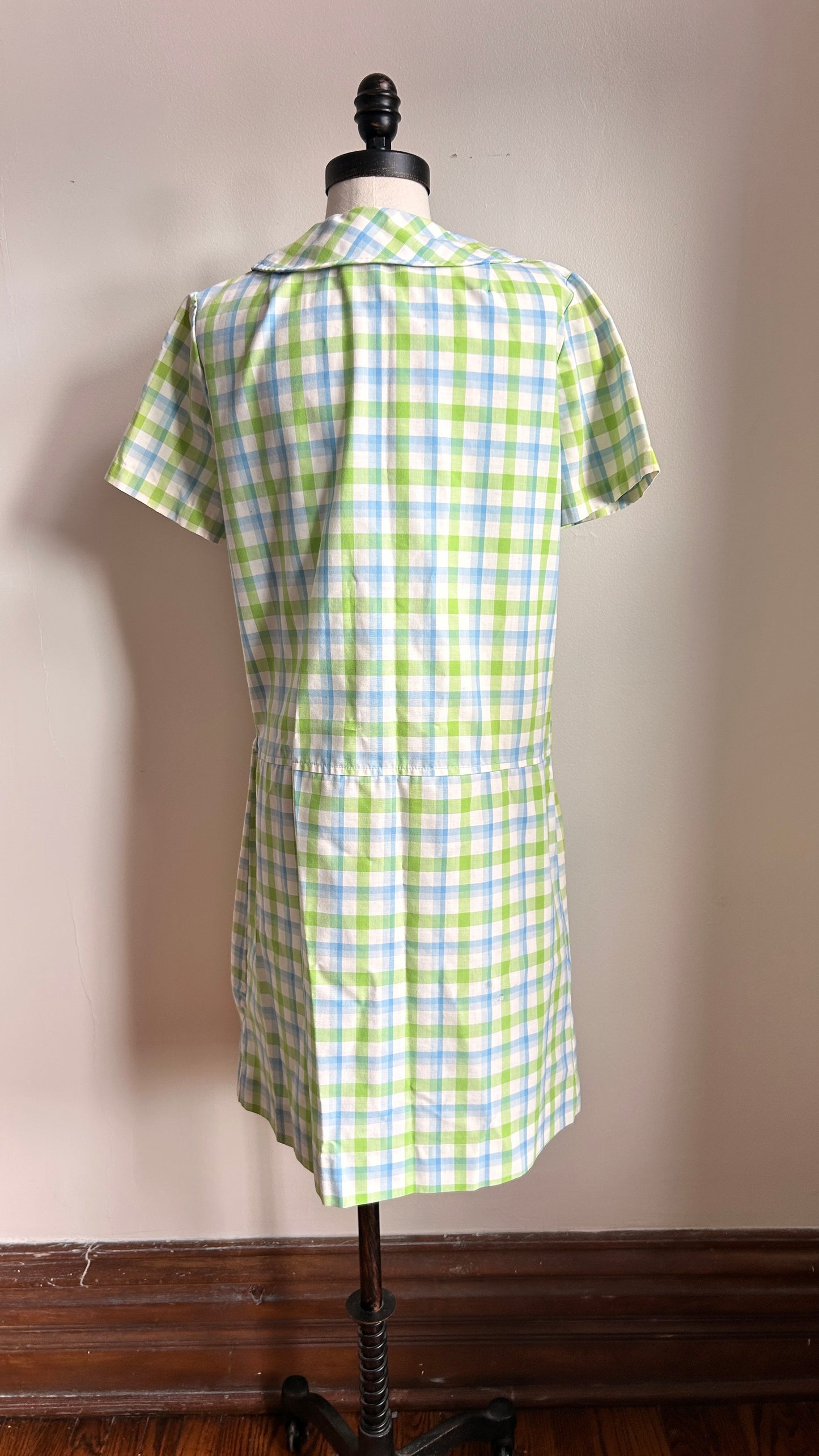 1960s blue + green gingham mini dress, sz. medium
