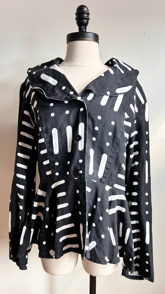 2000s black + white patterned peplum jacket, sz. large