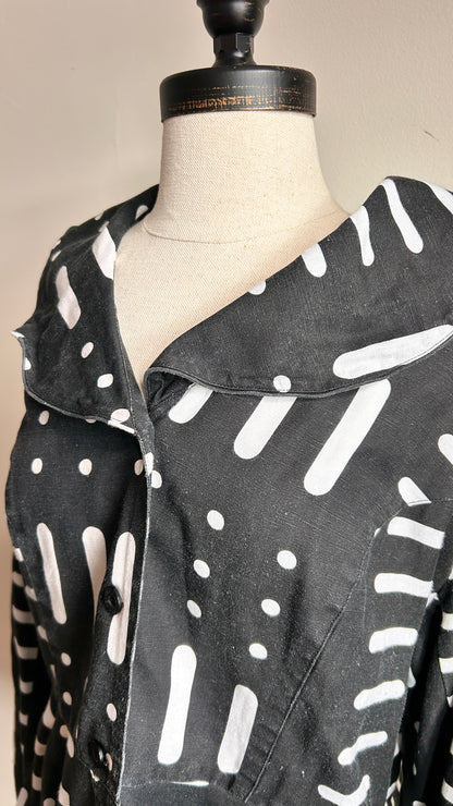 2000s black + white patterned peplum jacket, sz. large