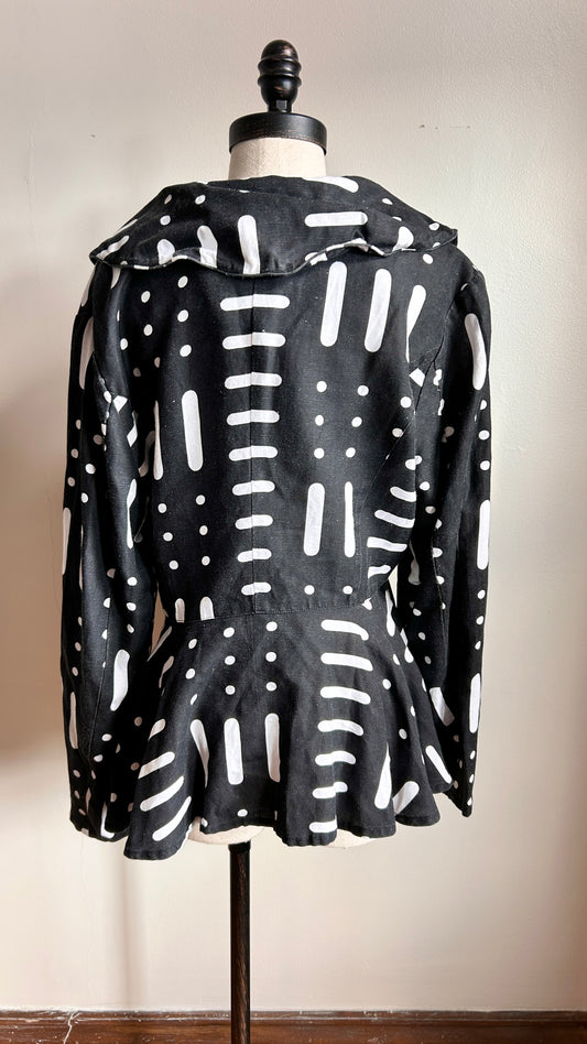 2000s black + white patterned peplum jacket, sz. large