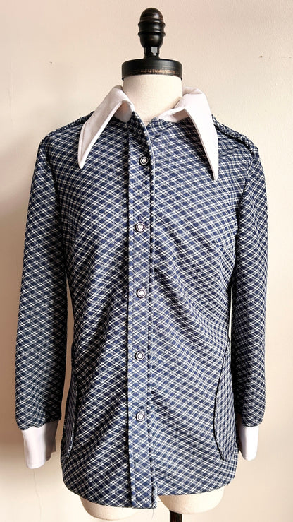 1970s navy plaid dagger collar shirt, sz. medium