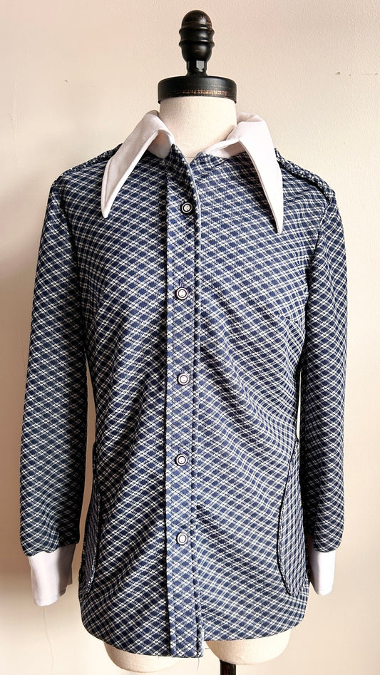 1970s navy plaid dagger collar shirt, sz. medium