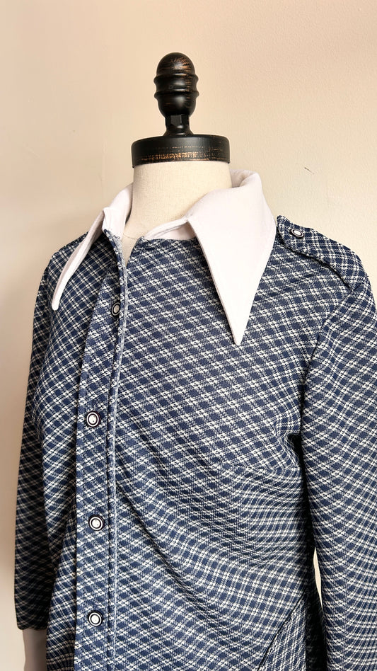 1970s navy plaid dagger collar shirt, sz. medium
