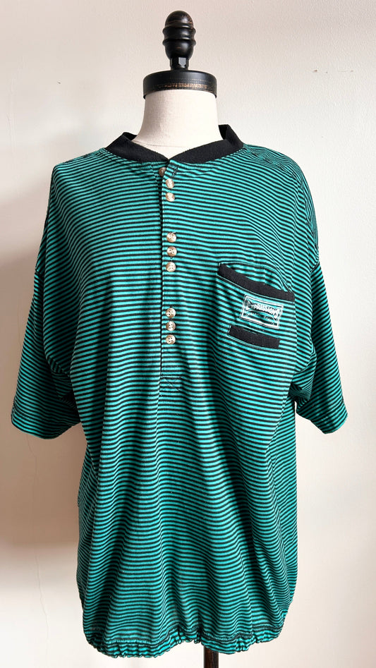 1990s teal + black striped tee, sz. XL/1X