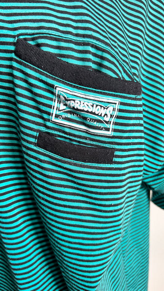 1990s teal + black striped tee, sz. XL/1X
