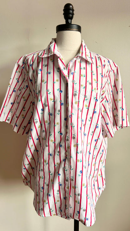 1990s white + red striped floral top, sz. large/XL