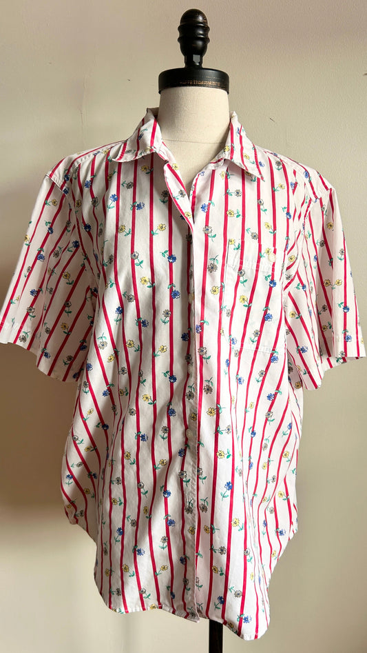 1990s white + red striped floral top, sz. large/XL