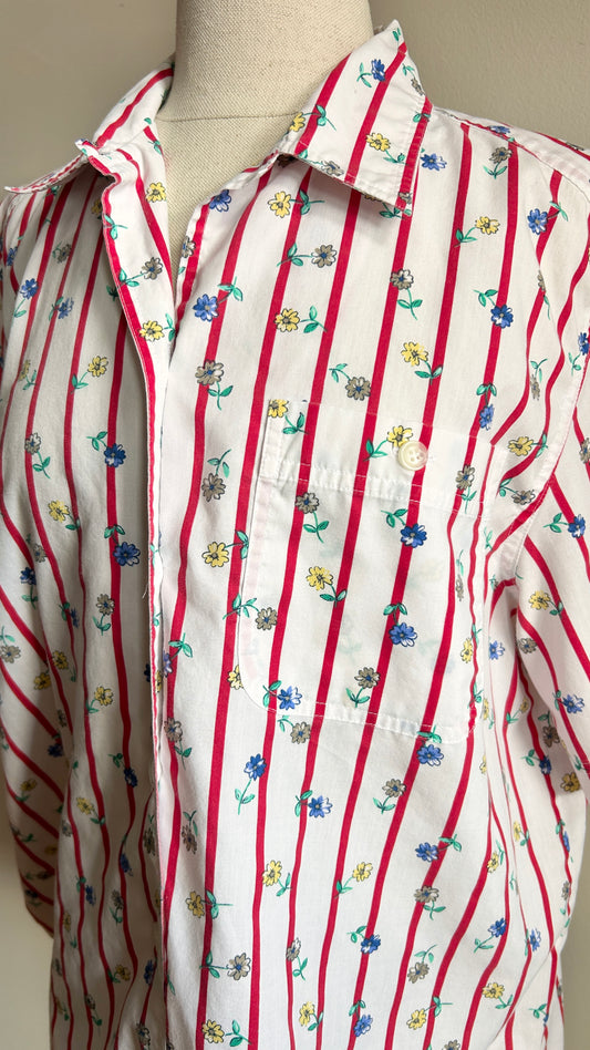 1990s white + red striped floral top, sz. large/XL