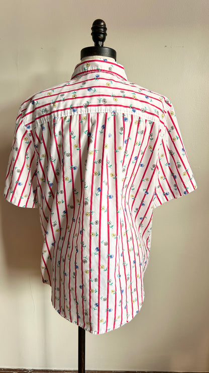 1990s white + red striped floral top, sz. large/XL