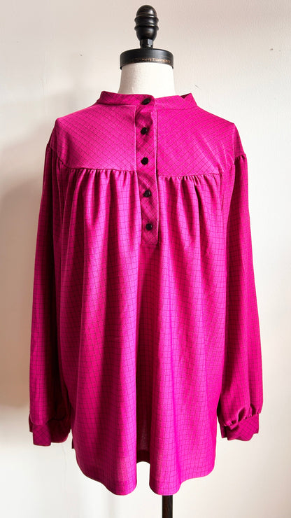 1980s magenta + black grid pattern blouse, sz. 3X