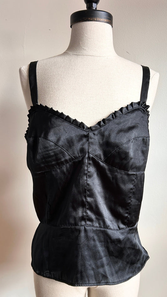 2000s black satin ruffled tank top, sz. medium