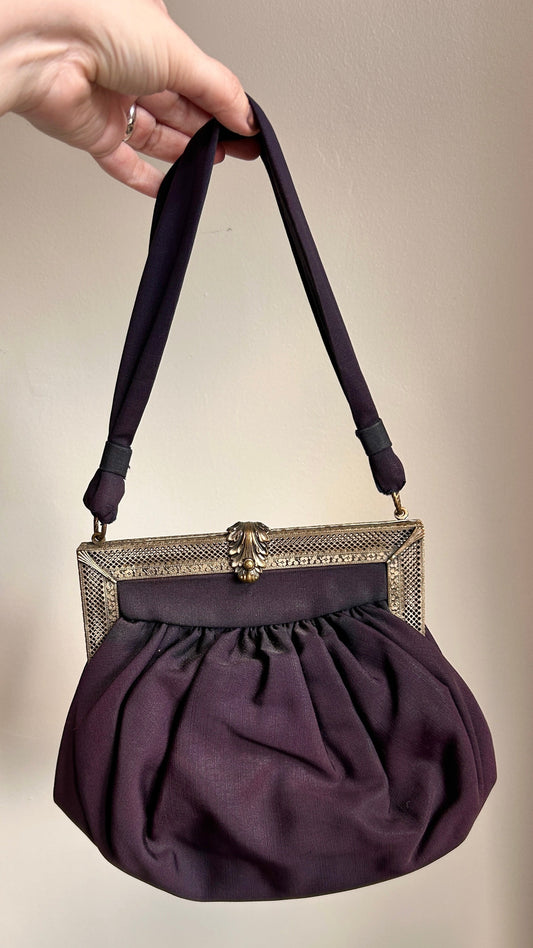 1940s black + brass filigree evening bag