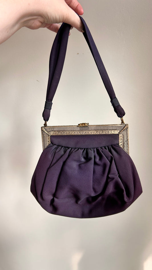 1940s black + brass filigree evening bag