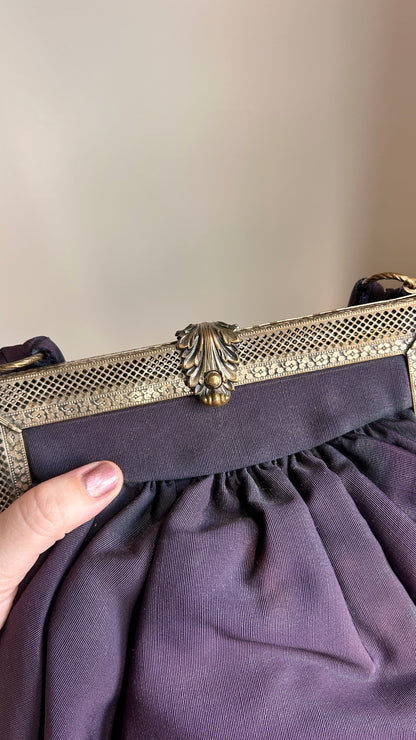 1940s black + brass filigree evening bag