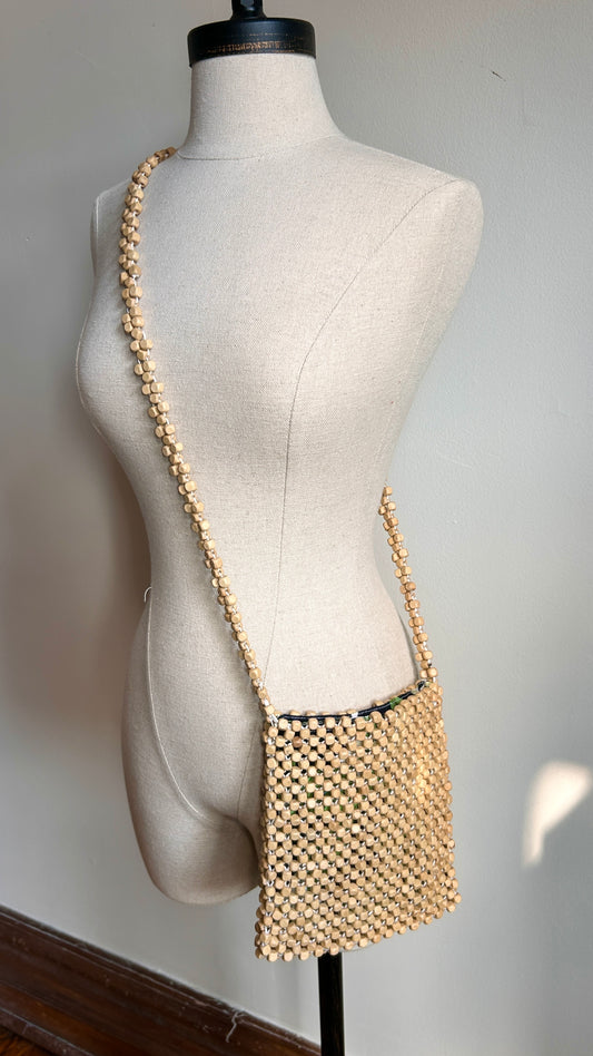 1990s woven wood bead shoulder bag