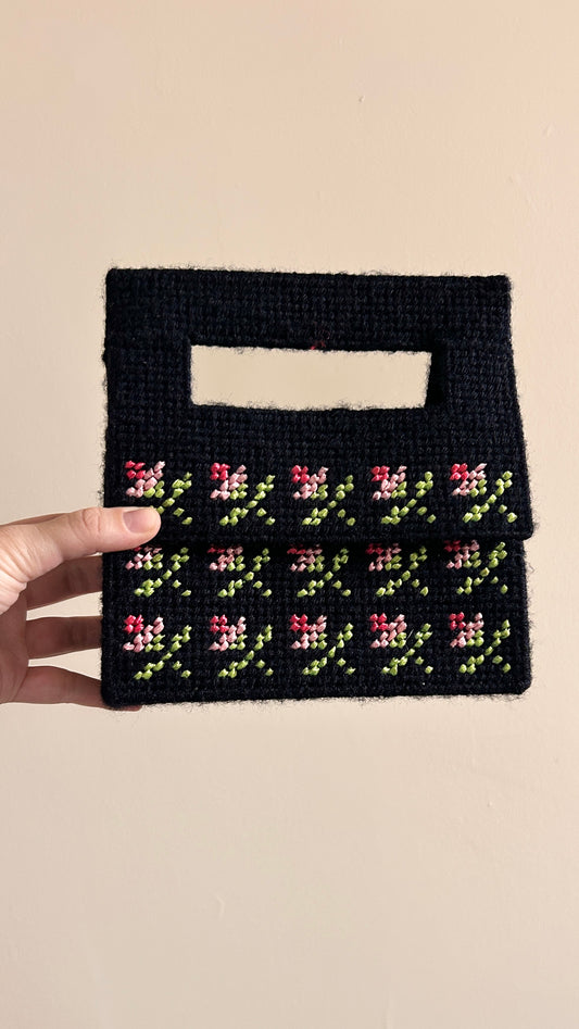 vintage handmade black floral needlepoint handbag