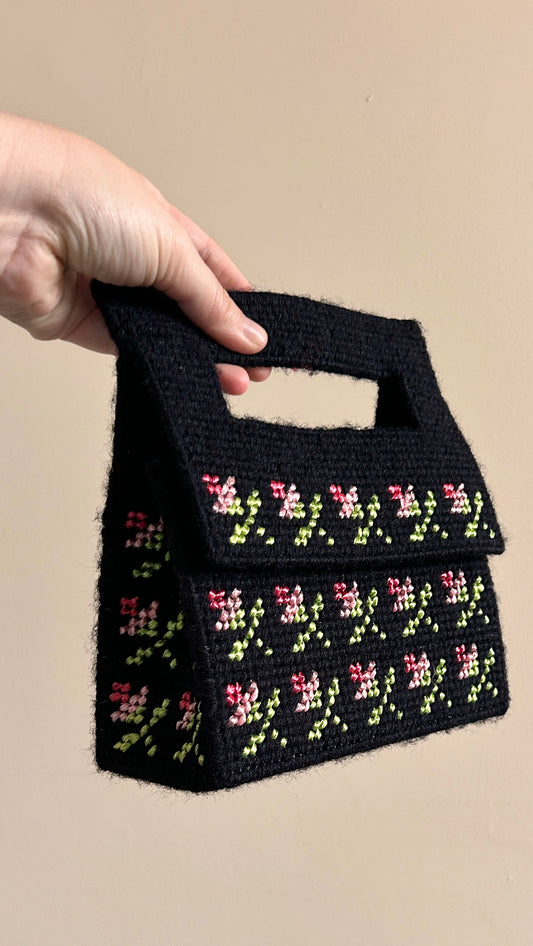 vintage handmade black floral needlepoint handbag