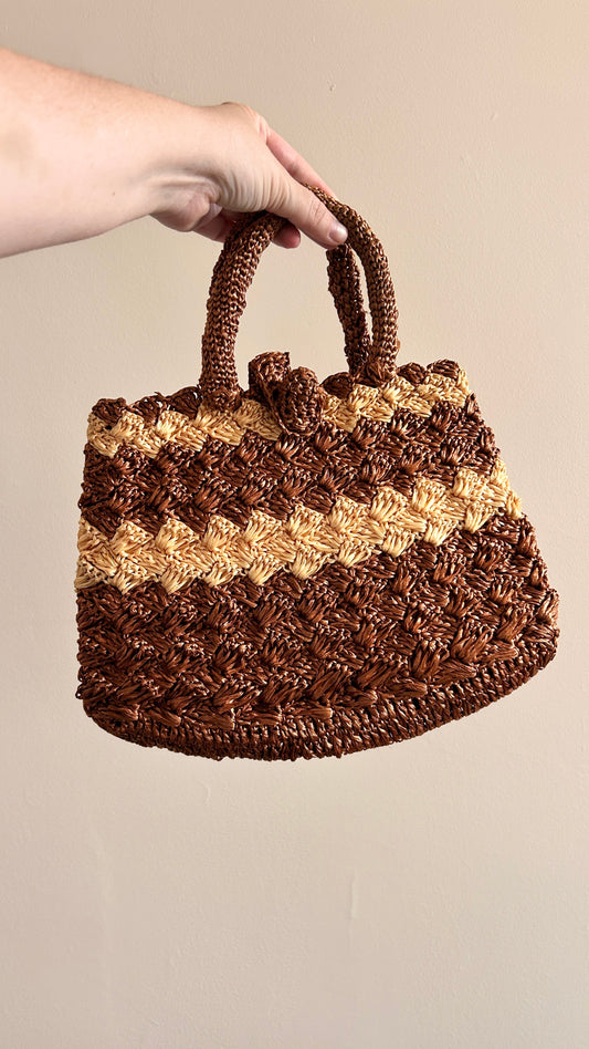 1970s brown + tan woven handbag