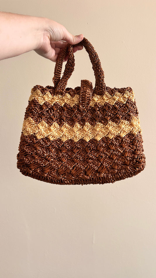 1970s brown + tan woven handbag