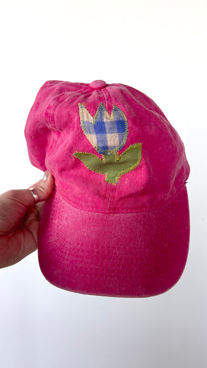 scrap fabric baseball cap ~ pink with tulip