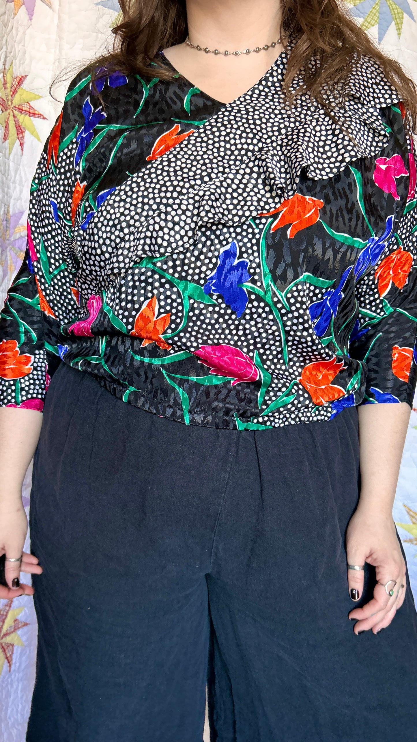 1980s black + multicolor floral + polka dot blouse, sz. XL/1X
