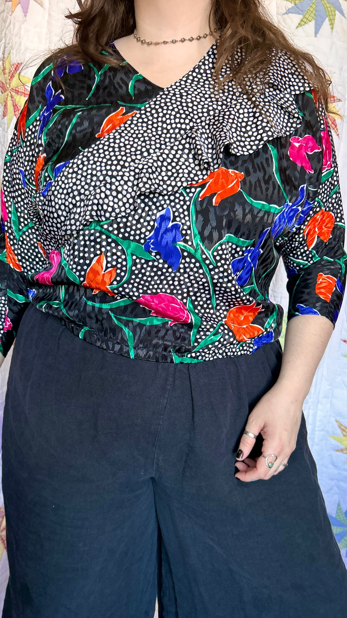 1980s black + multicolor floral + polka dot blouse, sz. XL/1X