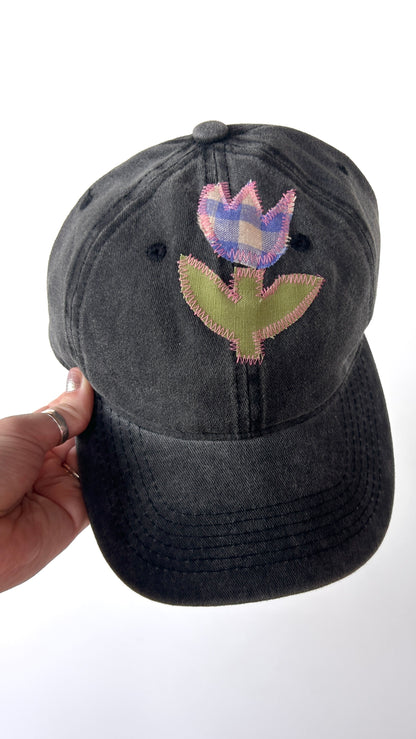 scrap fabric baseball cap ~ charcoal with tulip