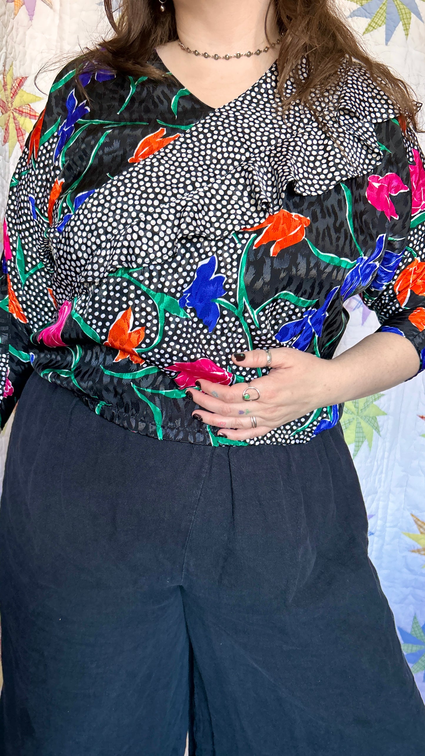 1980s black + multicolor floral + polka dot blouse, sz. XL/1X