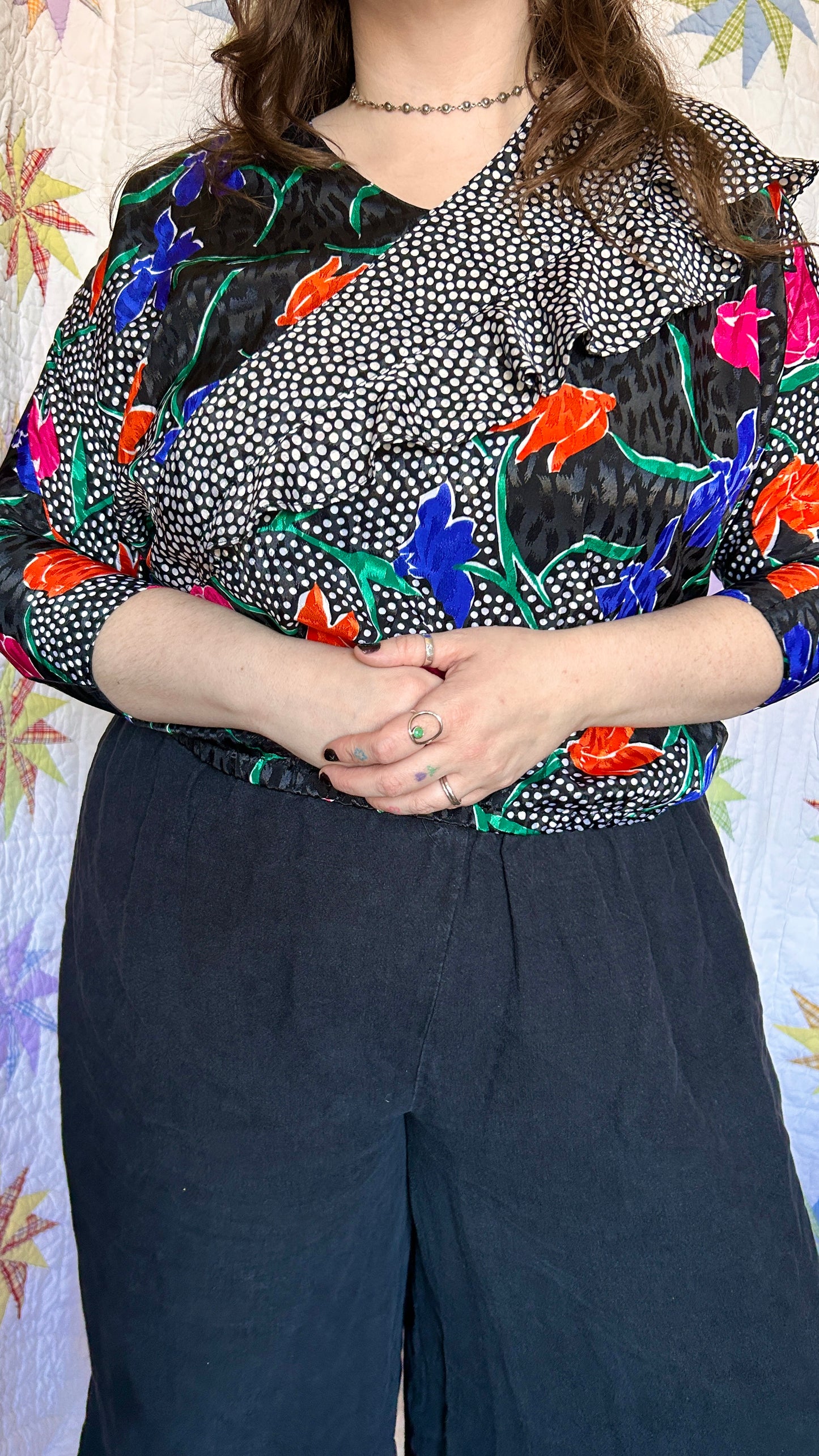 1980s black + multicolor floral + polka dot blouse, sz. XL/1X