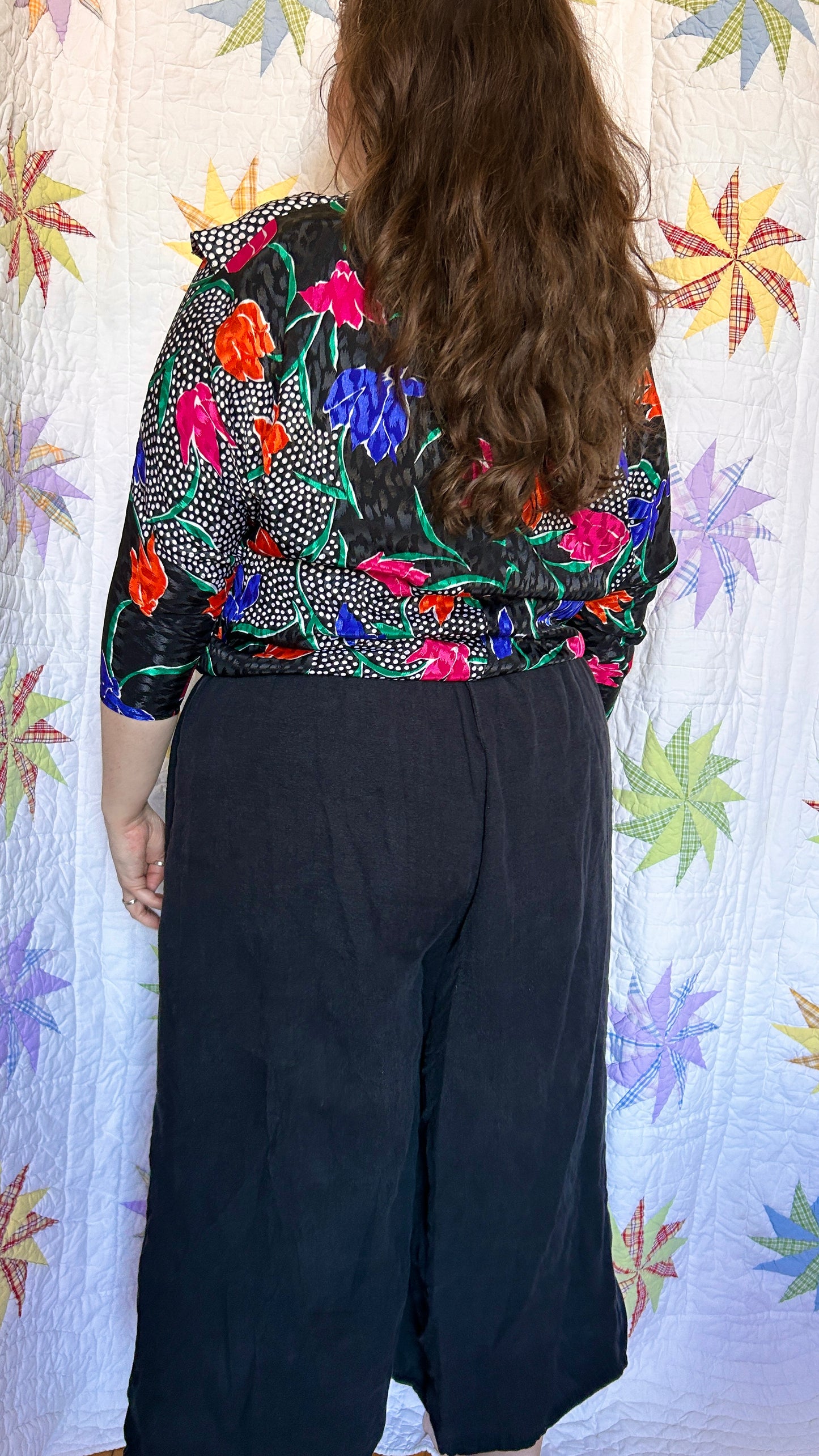 1980s black + multicolor floral + polka dot blouse, sz. XL/1X