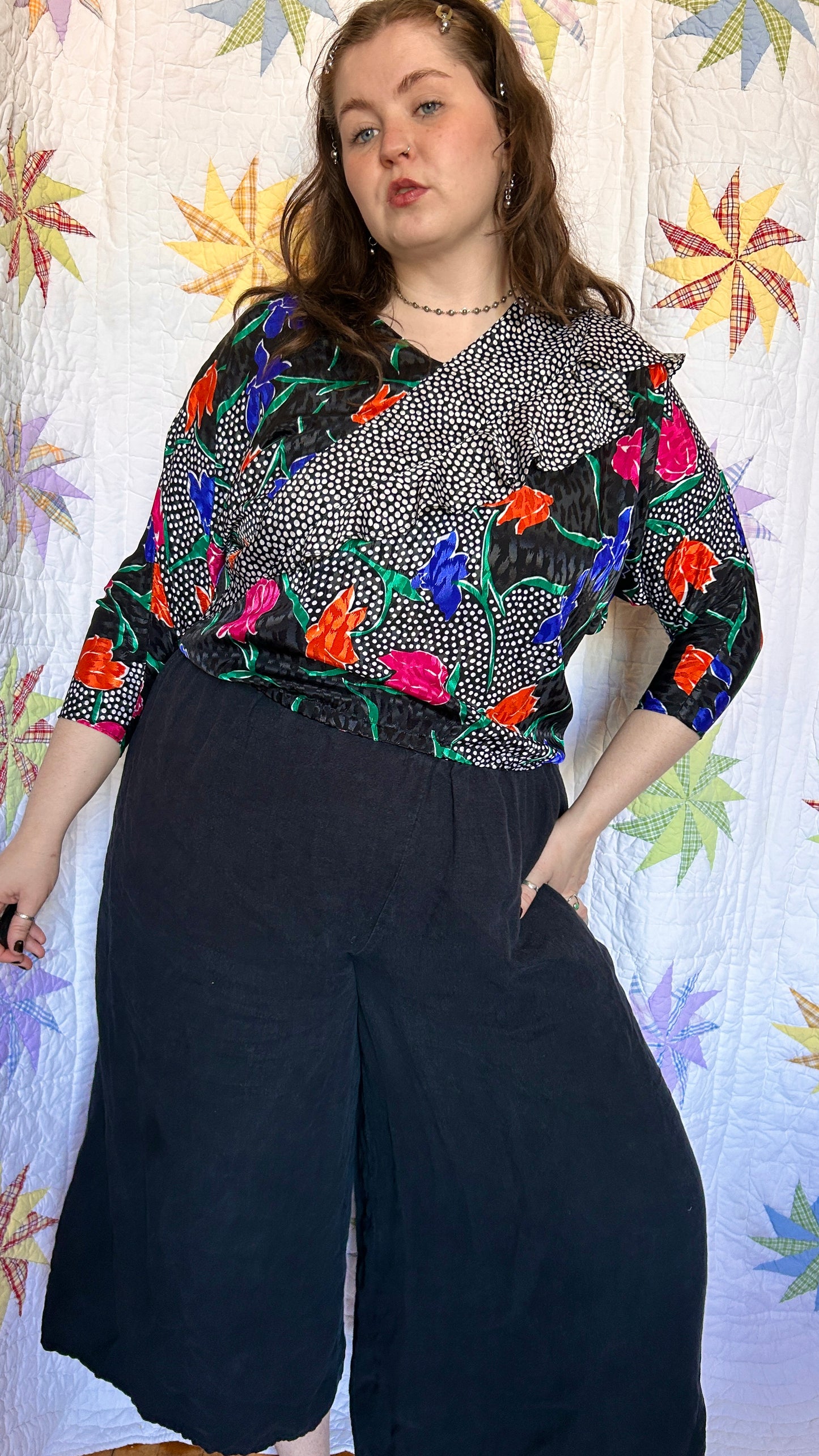 1980s black + multicolor floral + polka dot blouse, sz. XL/1X