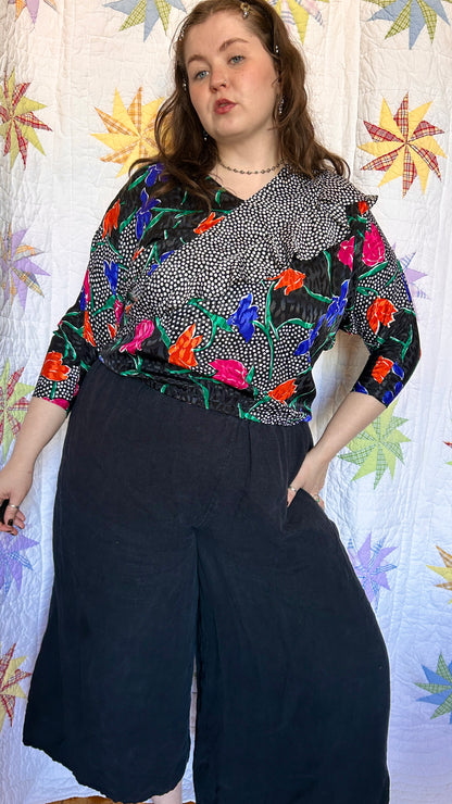 1980s black + multicolor floral + polka dot blouse, sz. XL/1X