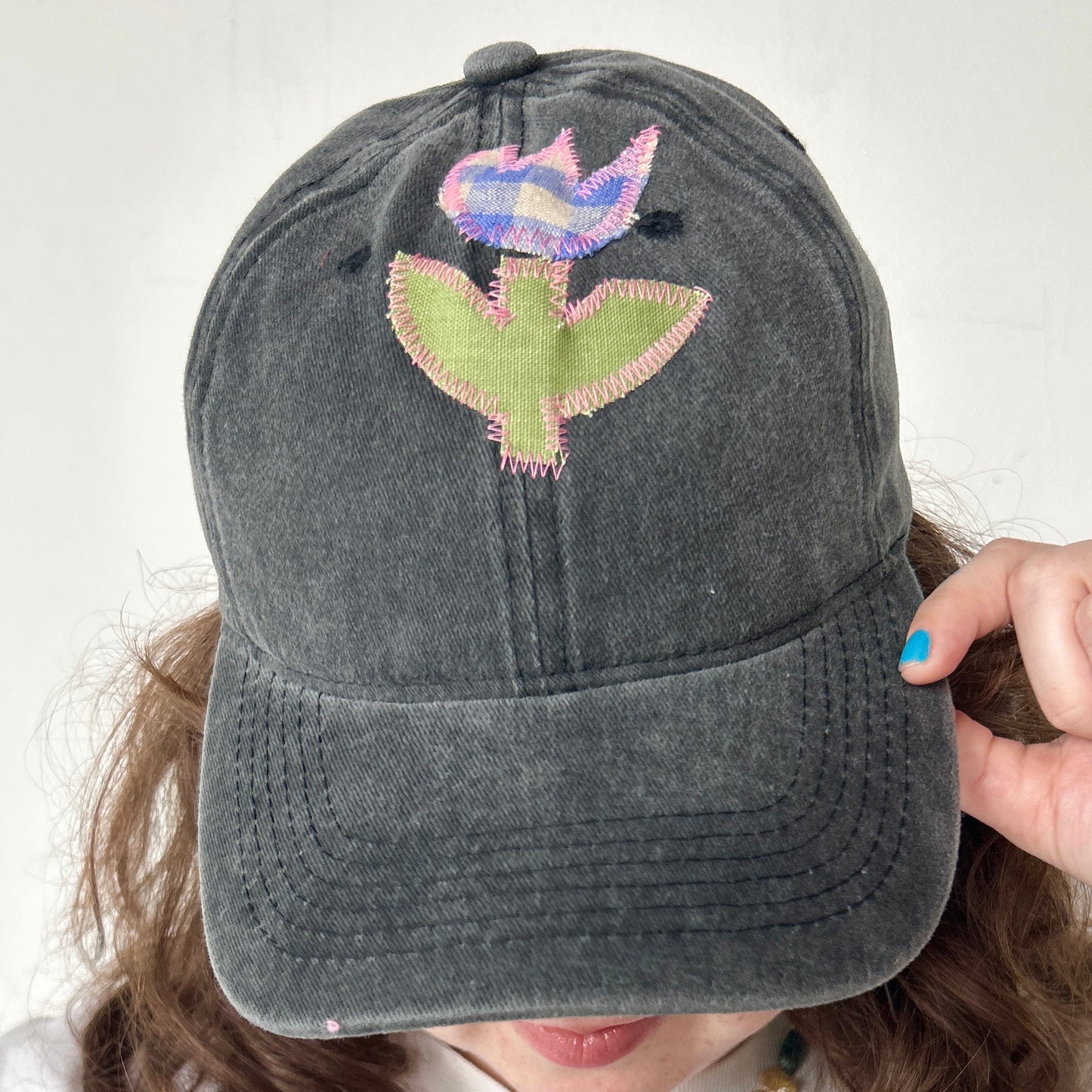 scrap fabric baseball cap ~ charcoal with tulip