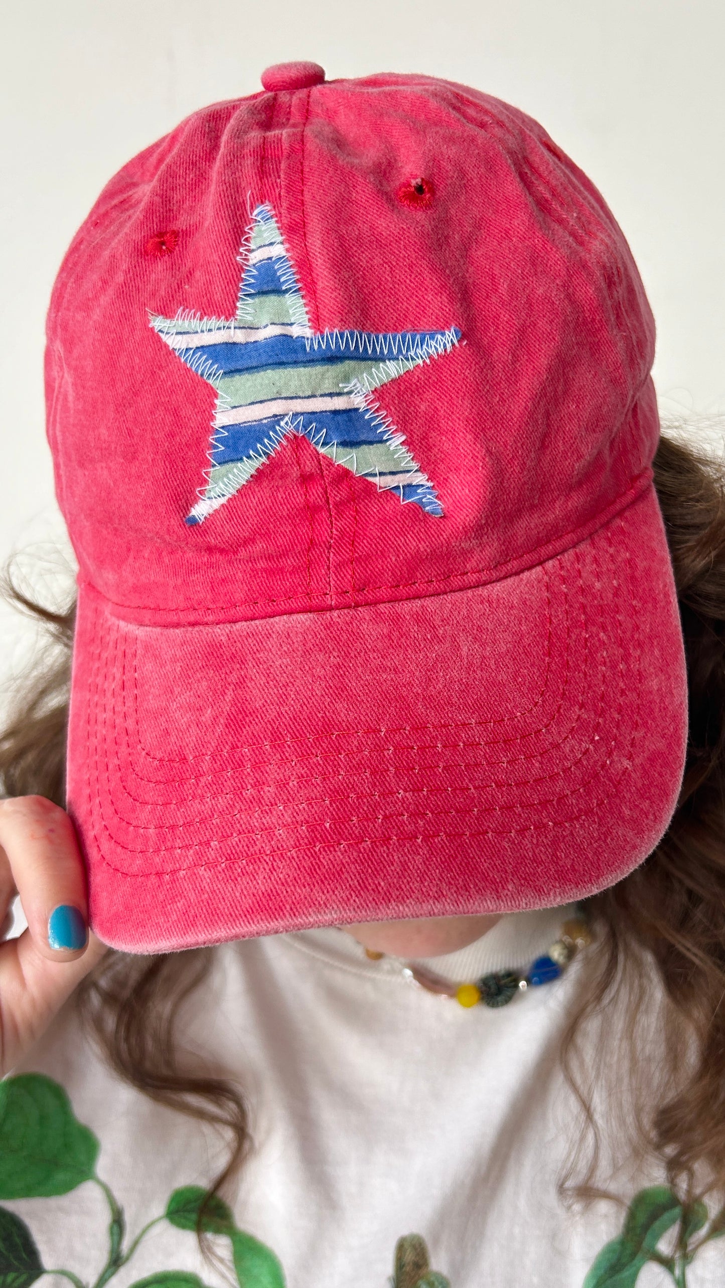 scrap fabric baseball cap ~ red with star