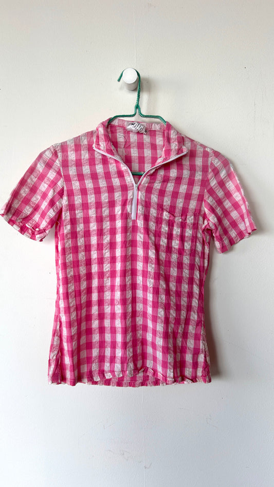 1980s pink + white gingham zip-up top, sz. medium