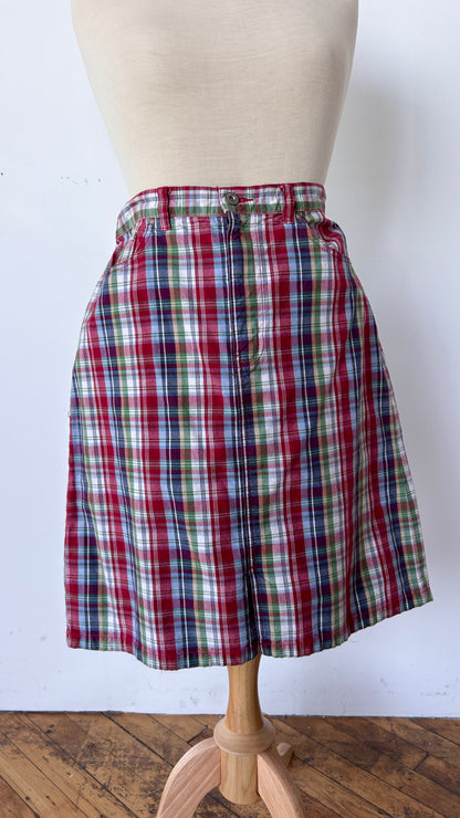 1990s red + blue plaid midi skirt, sz. medium