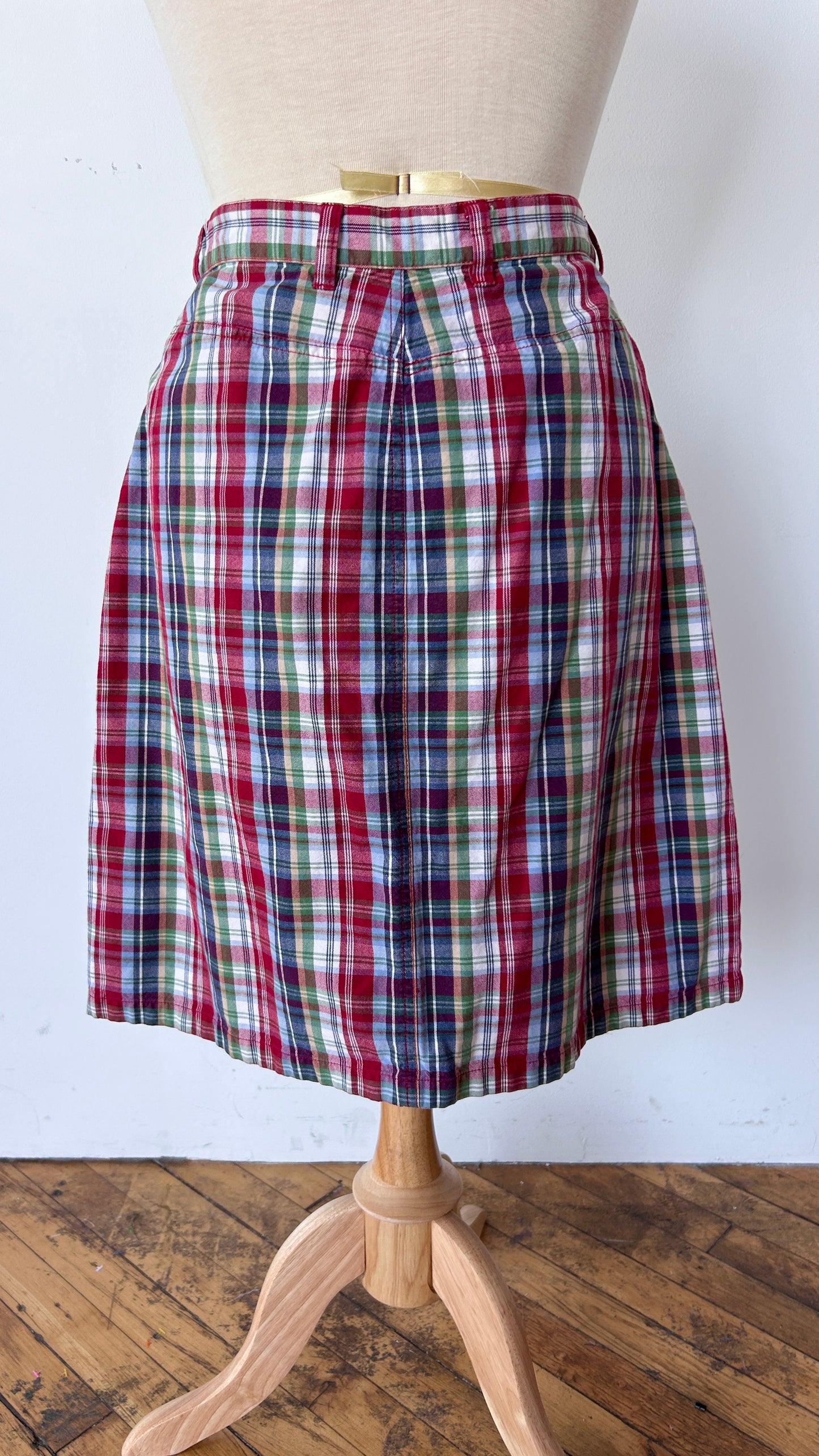 1990s red + blue plaid midi skirt, sz. medium