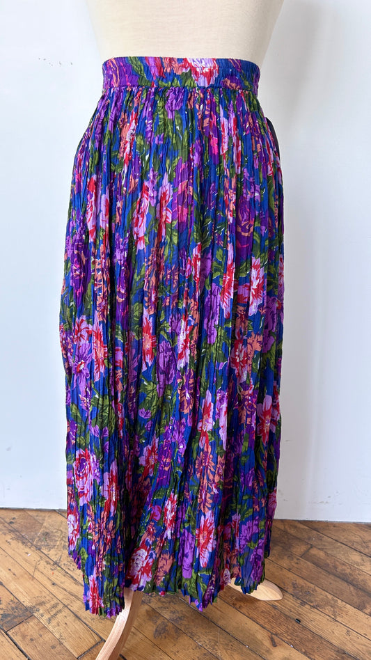 1990s blue + purple textured floral midi skirt, sz. medium/large