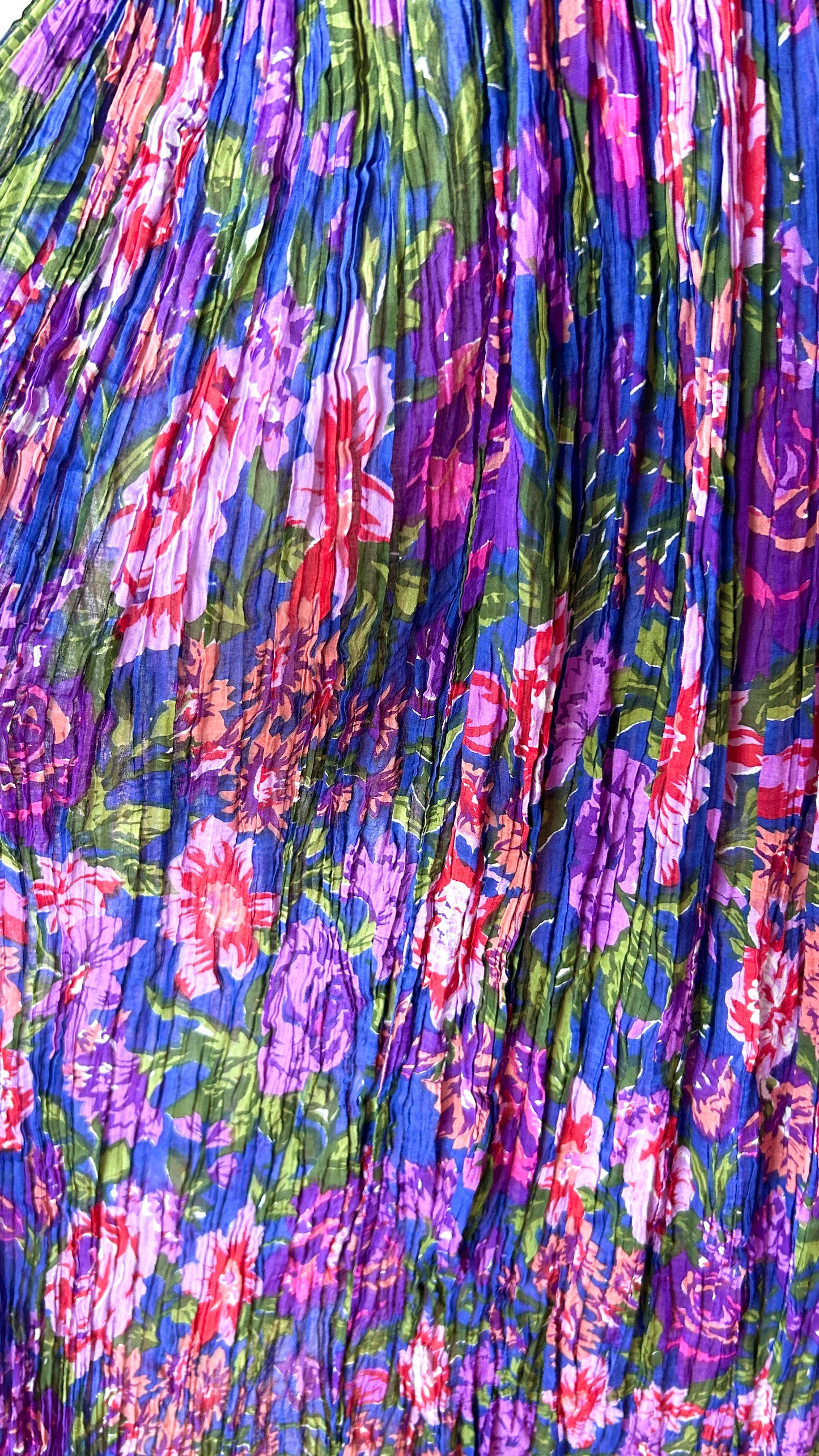 1990s blue + purple textured floral midi skirt, sz. medium/large