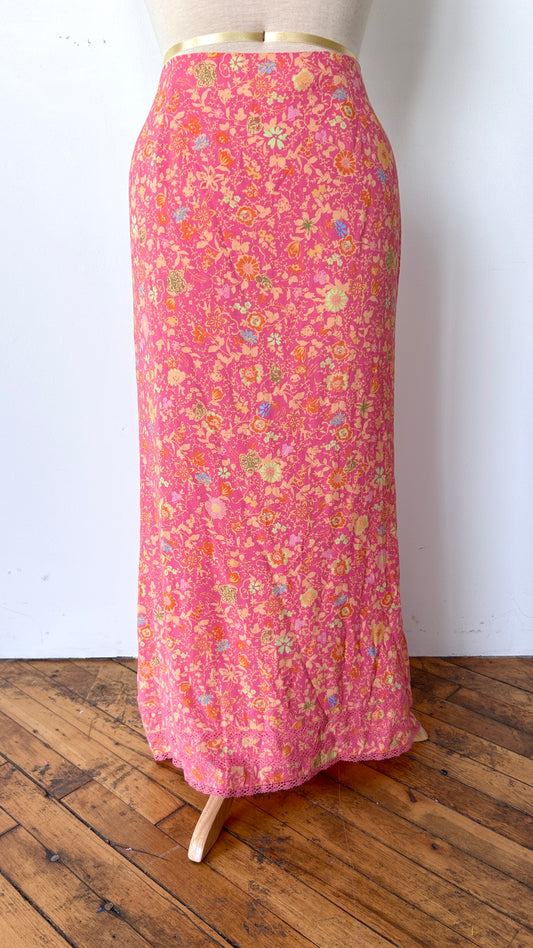 1990s pink illustrated floral maxi skirt, sz. medium