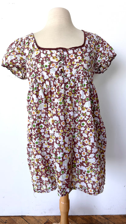 2000s brown mod floral mini dress, sz. large