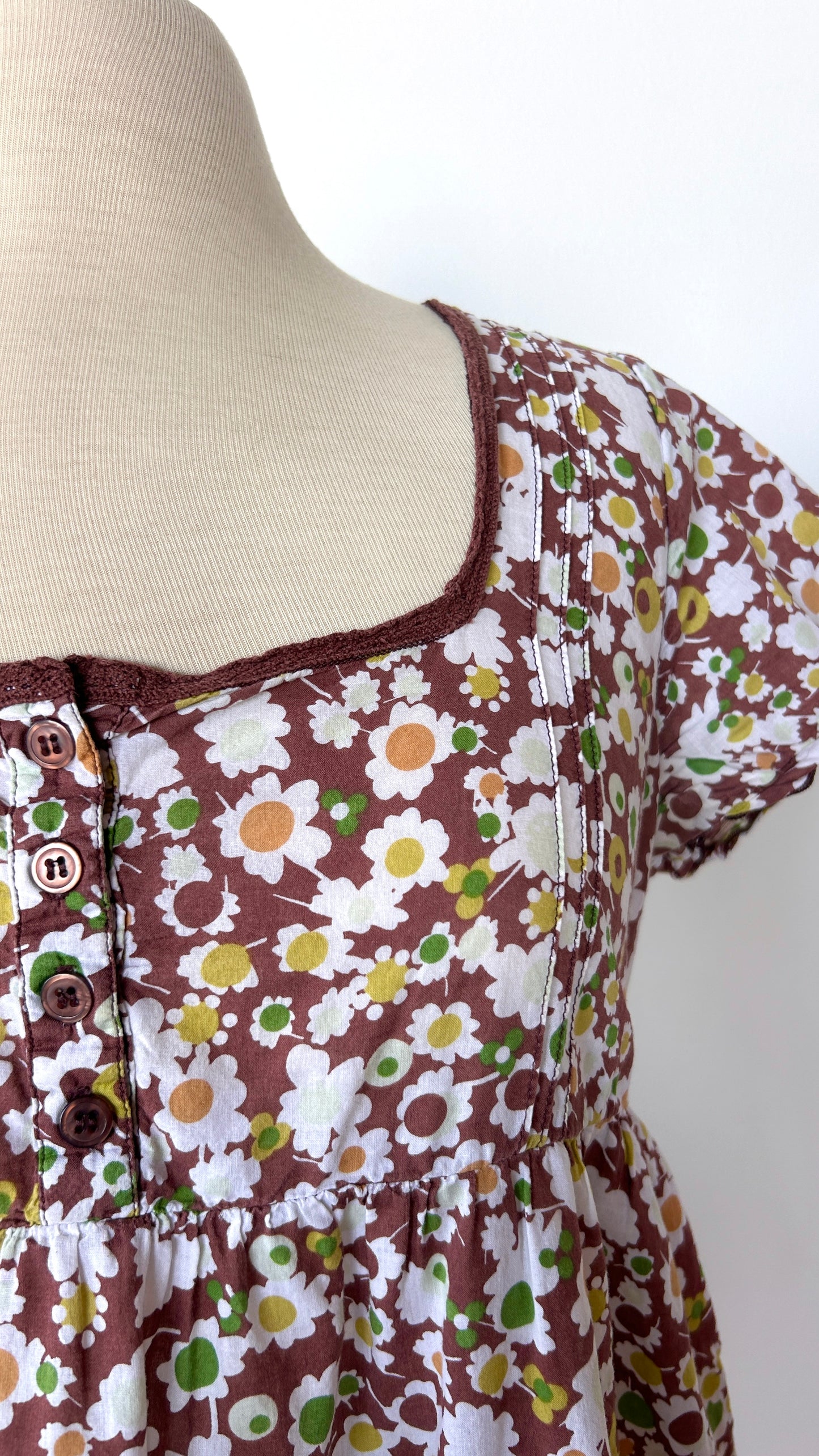 2000s brown mod floral mini dress, sz. large