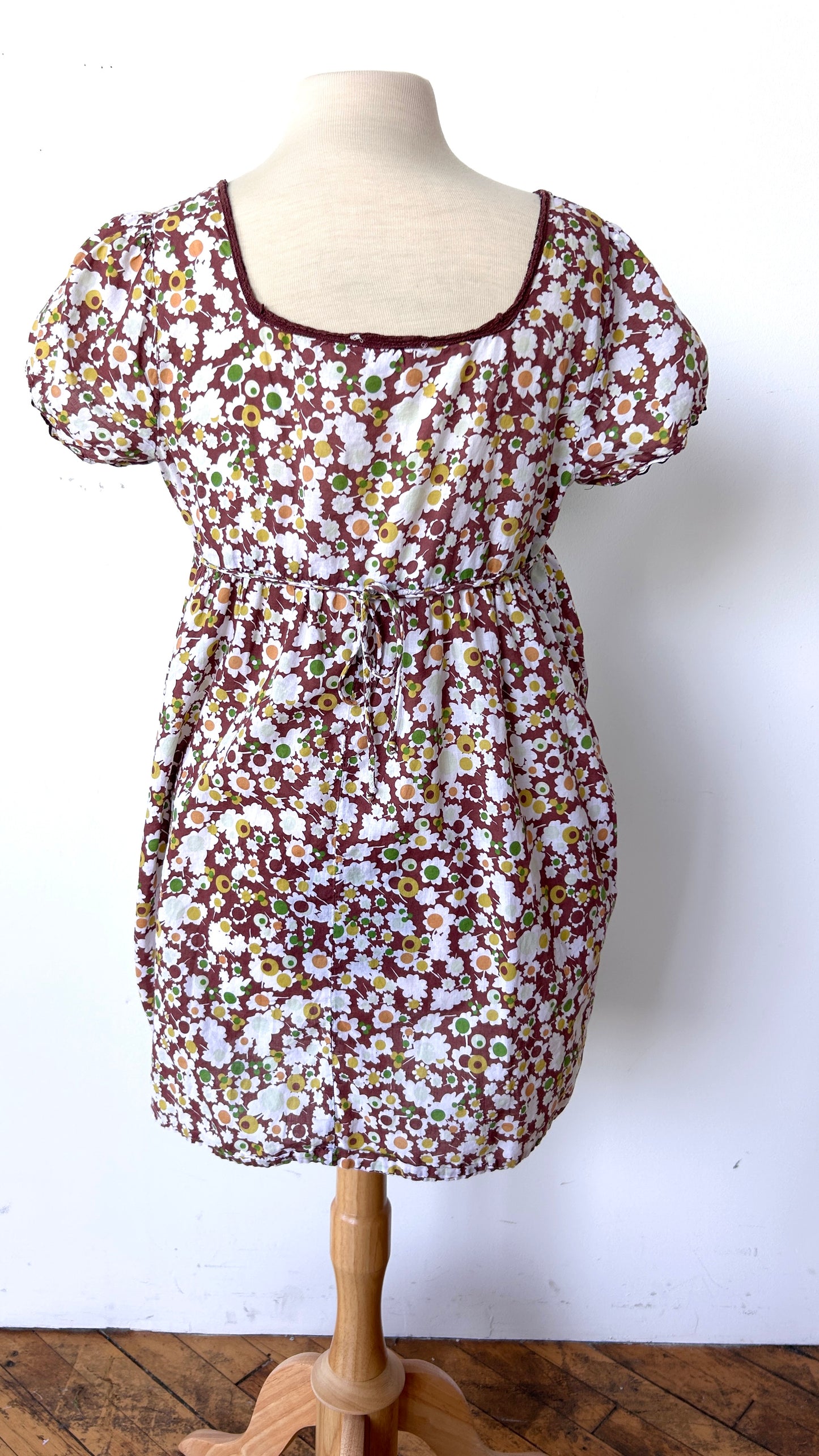 2000s brown mod floral mini dress, sz. large