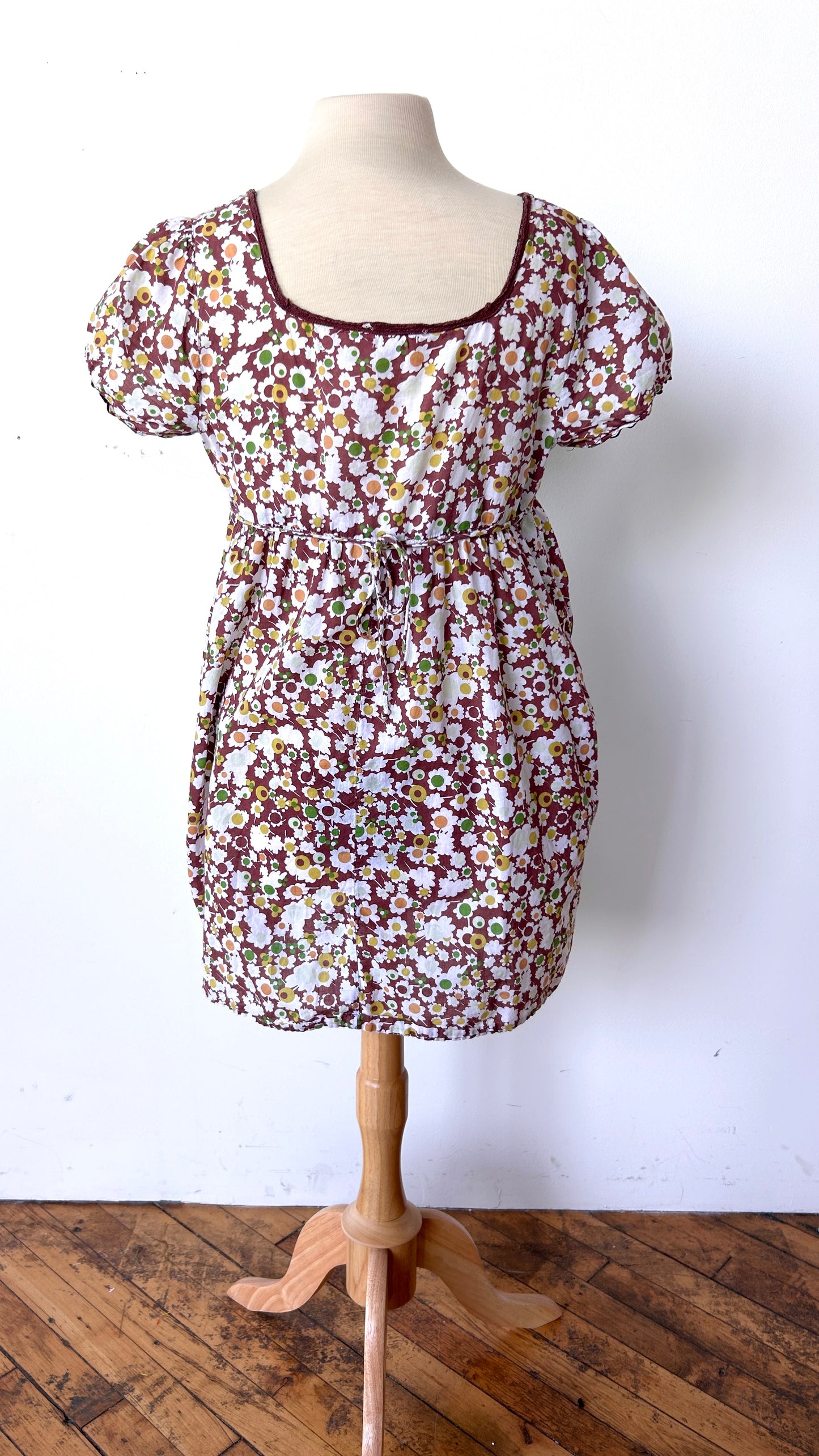 2000s brown mod floral mini dress, sz. large