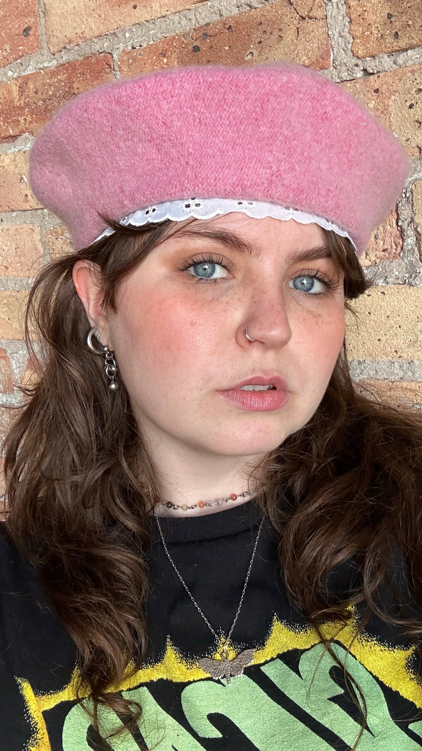 reworked pink beret with vintage lace trim