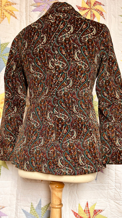 1970s brown velvet paisley jacket, sz. small