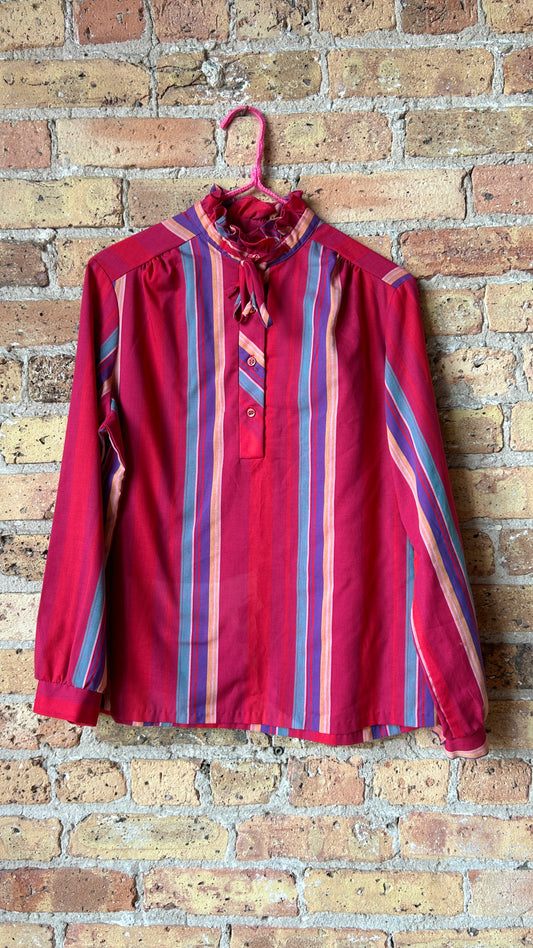 1970s red striped mock neck top, sz. large