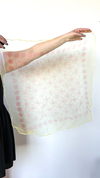 vintage sheer yellow + red geometric square scarf